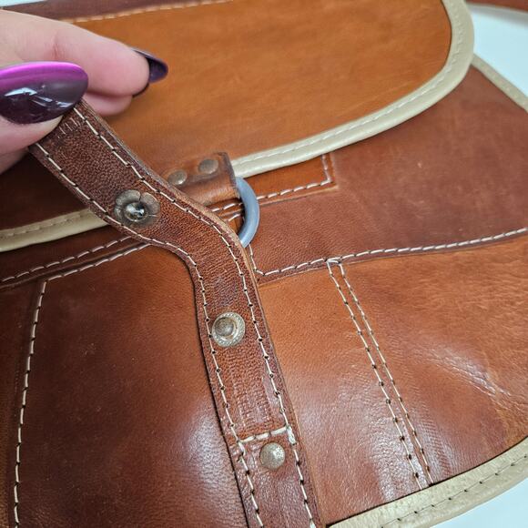 Leather Patchwork Tooled Saddle Bag Brown Cognac Purse Messenger Crossbody - Picture 4 of 15